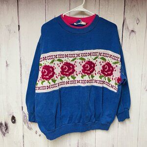 VintageJustin Allen Xtra Sweater Womens 40/20W Blue Floral Pullover Retro Floral
